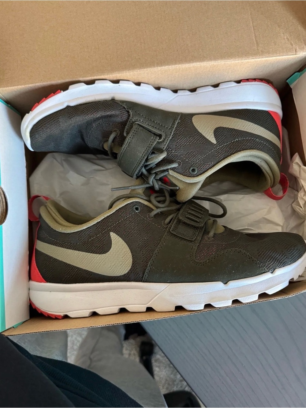 Nike Kids Olive Green and Cream Swoosh Sneakers with Coral Heel Accents